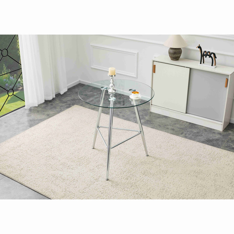 Table de bar d'une hauteur de 36 pouces, table de pub ronde en verre trempé de 34 pouces avec pieds en métal chromé argenté, table bistro moderne pour îlot de cuisine / bar / café