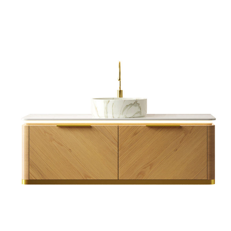 Meuble-lavabo 48 po avec comptoir en pierre frittée, vasque en céramique blanche, 2 tiroirs, capteur, pré-assemblé, couleur. Le comptoir en pierre frittée offre de la durabilité. Lavabo en céramique blanche à motif de 14 pouces