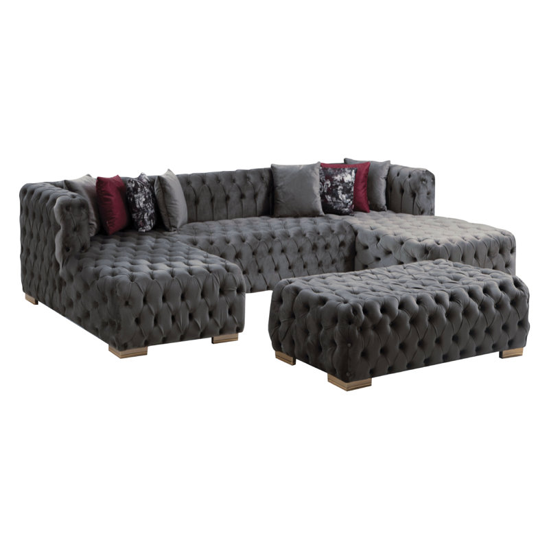 Graple Velvet Ottoman, Gray Velvet