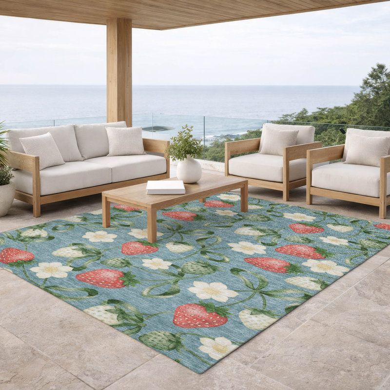 Machine Washable Indoor/Outdoor Chantille ACN2864 Flowers and Strawberries Rug, Teal, 5' x 7'6"