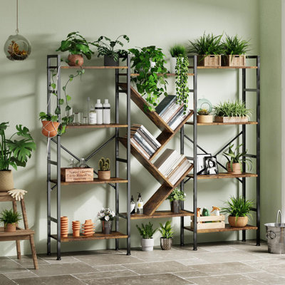Bibliothèque industrielle en bois, étagère de rangement rustique à 4 niveaux, bibliothèque large avec 14 tablettes, étagère de rangement en métal pour le salon et le bureau personnel