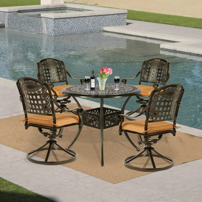 Wildon Home® 5-piece Outdoor Patio Dining Set, All-weather Cast Aluminum Conversation Set, Patio Furniture Set For Backyard, Include 4 Swivel Rocker Chairs, A 35.38" Round Table W/umbrella Hole