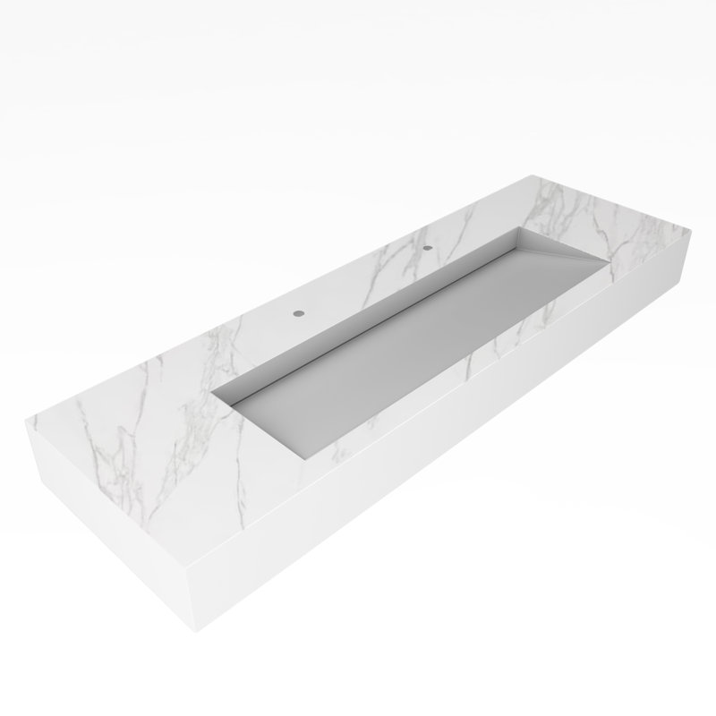 Lavabo de salle de bain mural rectangulaire 72 po Pyramid, 2 trous de robinet, Marbre blanc