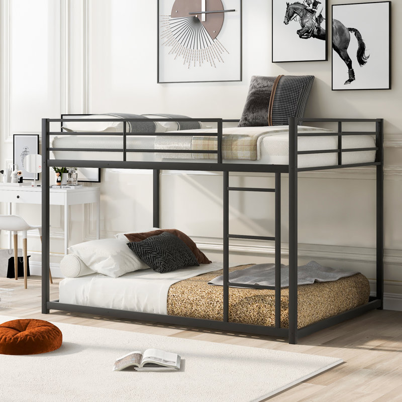 Full Over Full Metal Bunk Bed, Low Bunk Bed With Ladder, Black, Full Over Full, Black