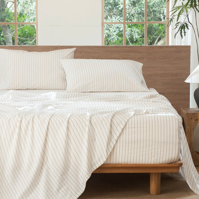 Ensemble de draps 100% coton lavé MooMee, Rayures larges : Blanc et gris lin beige