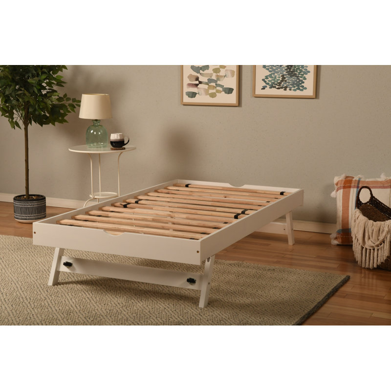 Lit escamotable en bois massif avec matelas Alhamdi, White/Linen Aqua