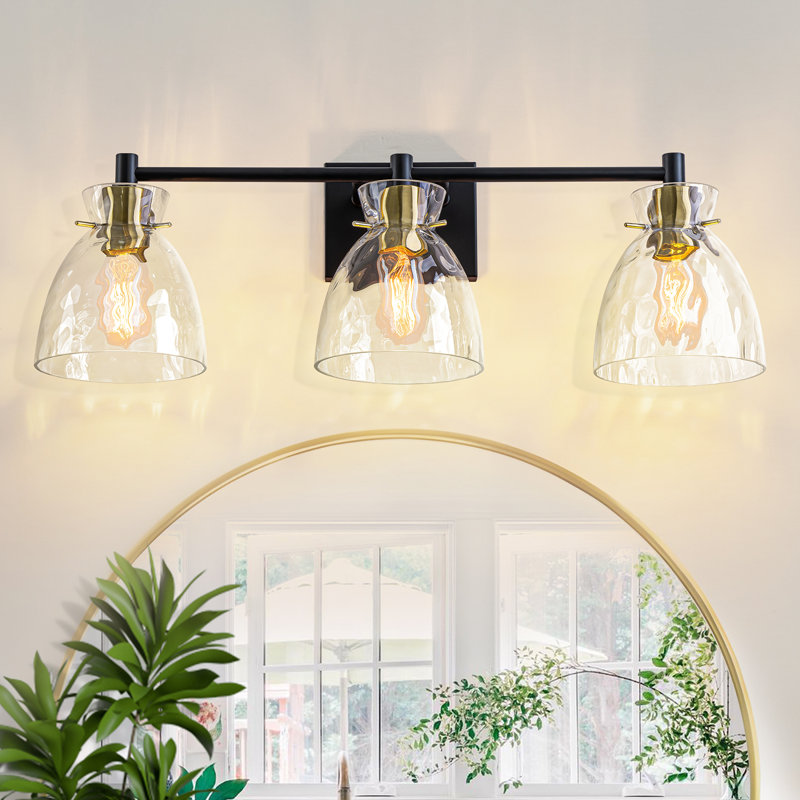 3-light Vanity Light With Hammered Glass Shades, Matte Black/Gold