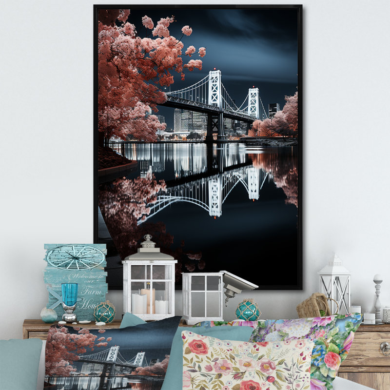 Magnifique pont urbain illuminé, H 32 po x l 24 po x P 1 po, Cadre flottant noir