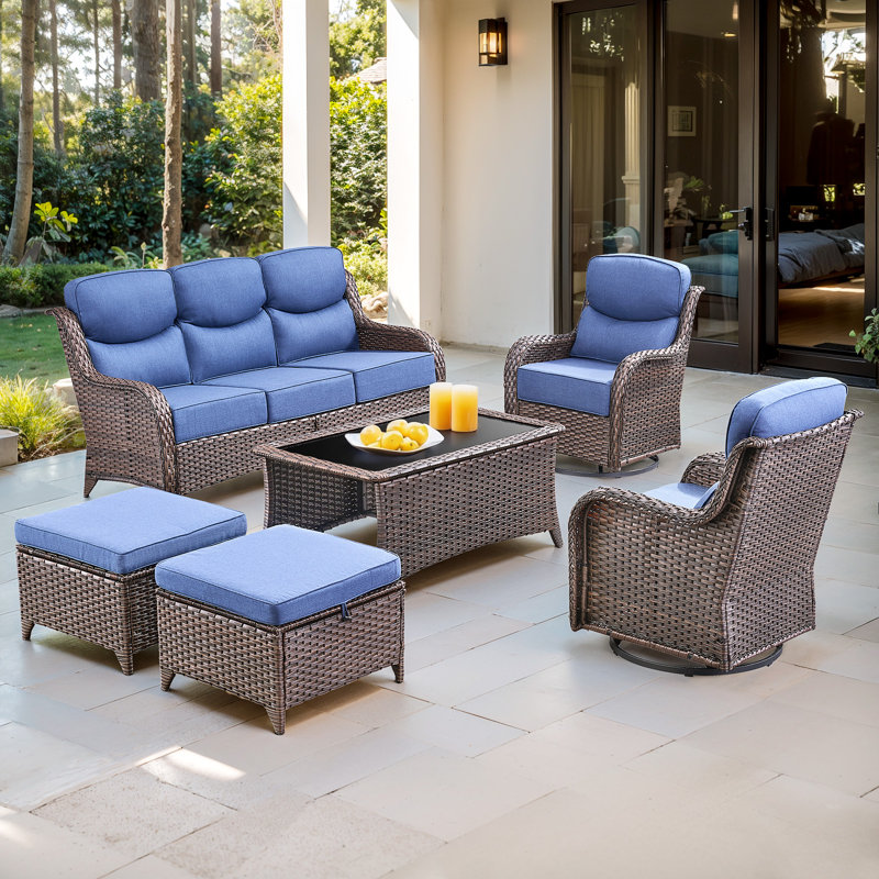  6-Piece Patio Furniture Set With Swivel Glider Chairs, 6-Inch Ultra-Plush Cushions & Water-Resistant Olefin Fabric, Blue