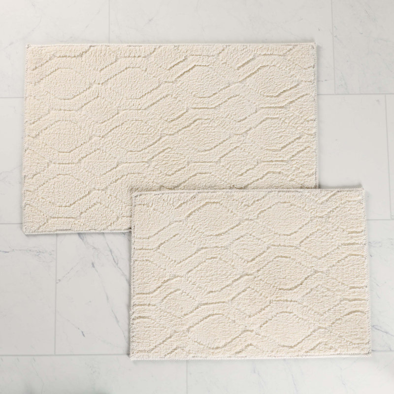 Brou Diamond Lattice Textured Machine Washable 2 Piece Bathroom Rug Set, LARGE- 2 Piece Set, Ivory