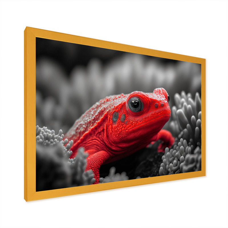 Créature sous-marine rouge - art mural bois côtier, H 30 po x l 40 po x P 1,5 po, Encadrement doré