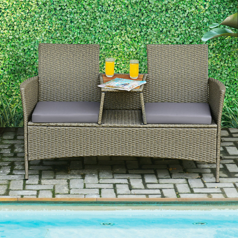 Janik 2-Person Patio Rattan Conversation Furniture Set with Coffee Table And Cushions