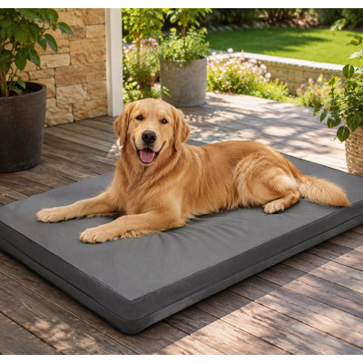 Gray 42" XL extra-large outdoor dog crate/kennel pad with a wipeable leather surface and reversible faux-leather removable cover; this 41"x27" orthopedic foam bed is waterproof, washable, durable, and fitted with an anti-slip bottom.