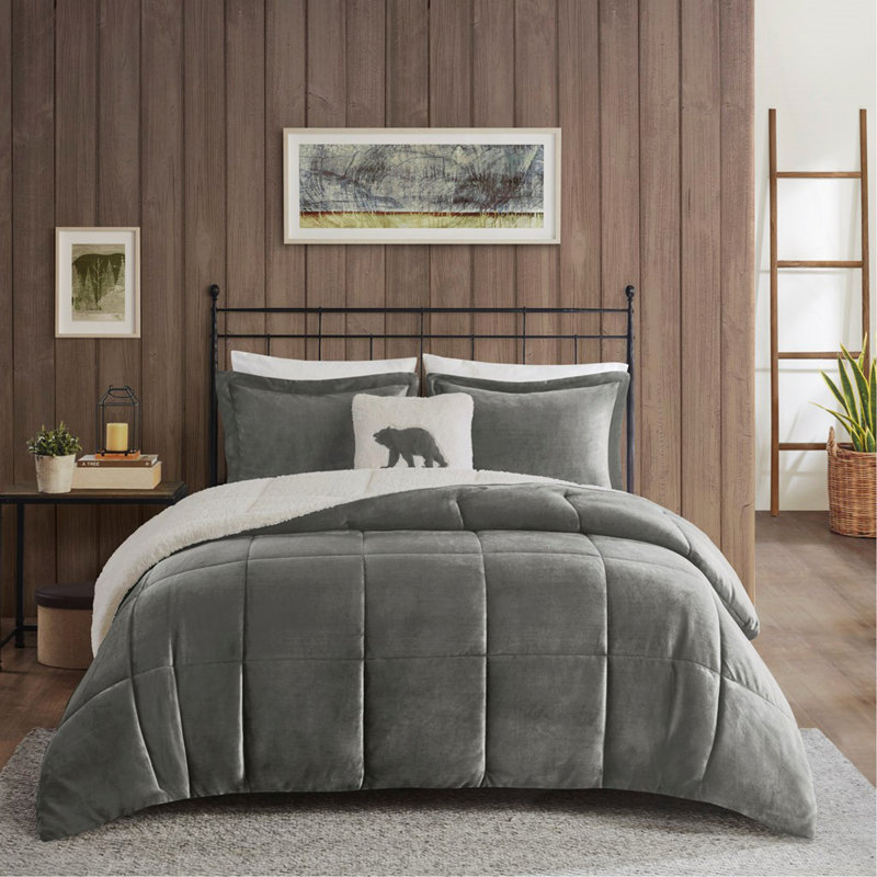 Ensemble d'édredon en duvet très grand à Sherpa, Édredon très grand et 3 pièces supplémentaires, Ivoire/gris anthracite
