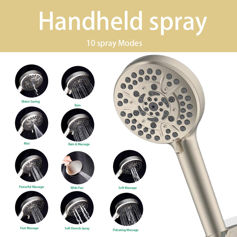 12'' Rain Shower Head, Handheld Showerhead With 16'' Adjustable Arc-Shaped Extension Arm, 10 Sprays, 71'' Hose