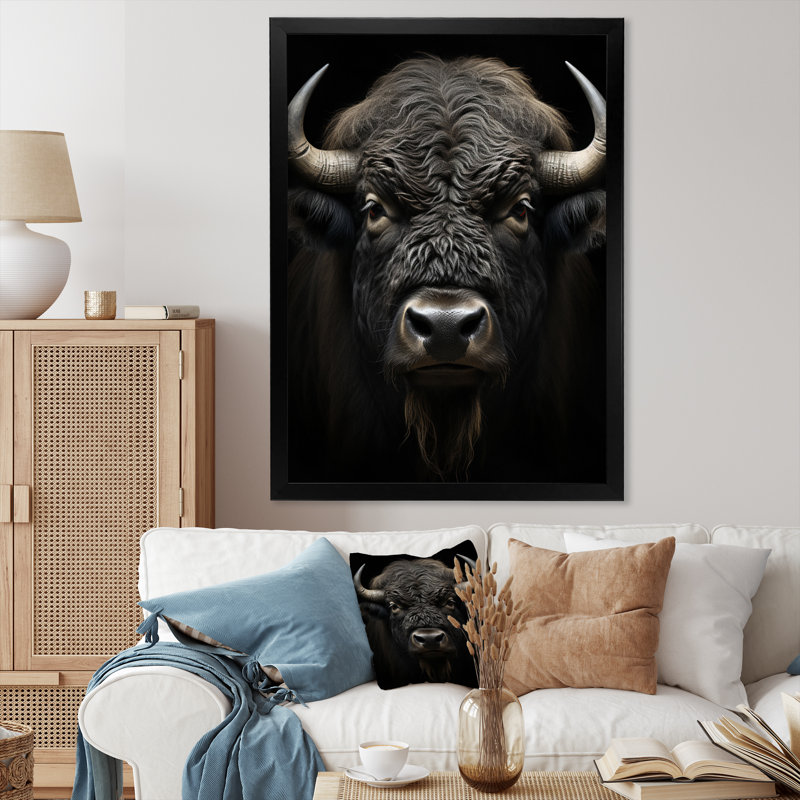 " Black White Animal Buffalobison ", 44" H x 34" W x 1.5" D, Black Picture Framed