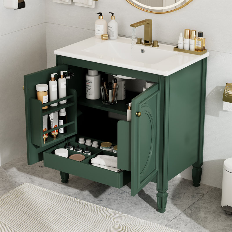 30"W Freestanding Bathroom Vanities With Ceramic Sink, Internal Rack And An Adjustable Shelf, Green