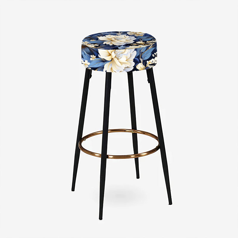 Ensemble de 2 tabourets de bar fleuris bleu foncé et blanc
