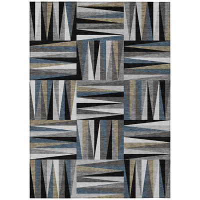 9' X 12' Black Gray And Ivory Geometric Washable Indoor Outdoor Area Rug