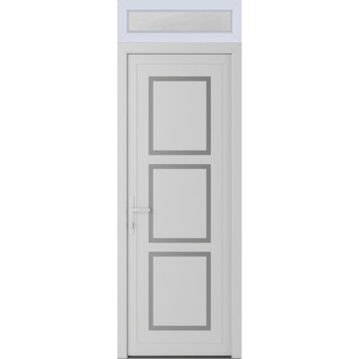 Porte d'entrée extérieure prémontée en PVC-U, finition métal-plastique, modèle Manux 8661, blanc soyeux, avec imposte latérale. Convient aux bureaux, aux commerces et aux habitations. Dimensions : 91,4 cm x 238,9 cm (L 91,4 cm x H 203,2 cm + 35,6 cm). Ouverture à droite vers l'intérieur.