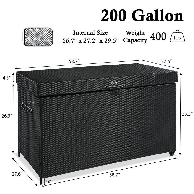 Coffre de terrasse en osier avec roulettes 200 gallons, rangement extérieur pour coussins, fournitures de piscine, outils de jardin