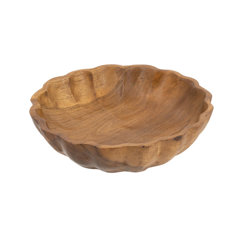 Bol en bois de teck peu profond 8 po x 8 po x 2 po avec finition brun terreux, H 2 po x l 7,9 po x P 7,9 po