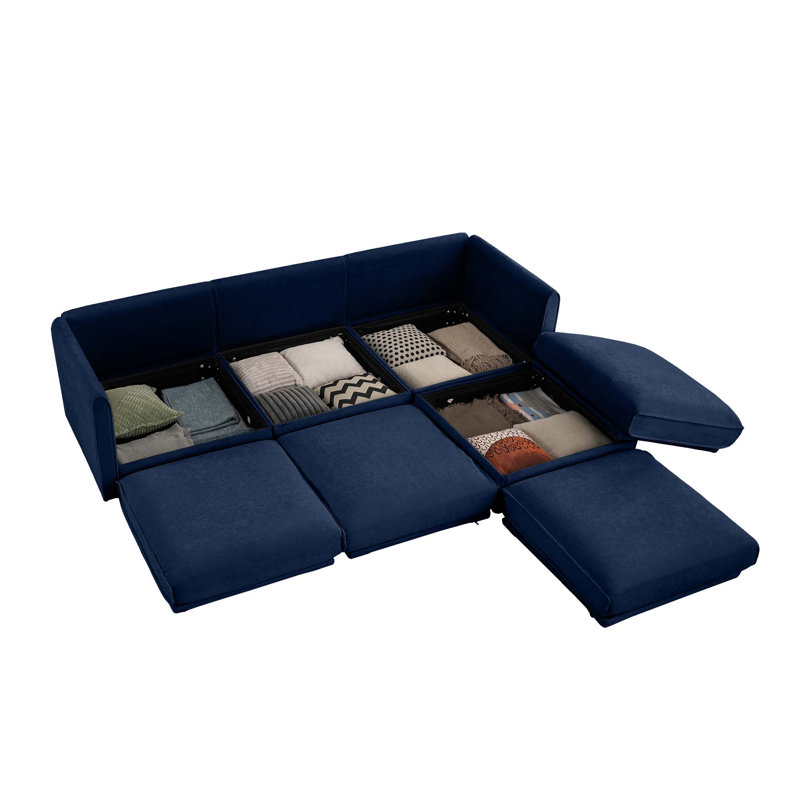 Canapé modulaire moderne en L 4 pièces avec rangement et 1 repose-pieds avec rangement, Chenille bleue