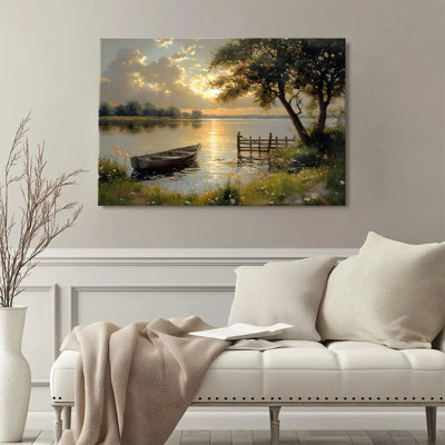 Impression sur toile Impressionist Lakeside Dusk - 24 po x 36 po Sunset Lake with Boat Landscape