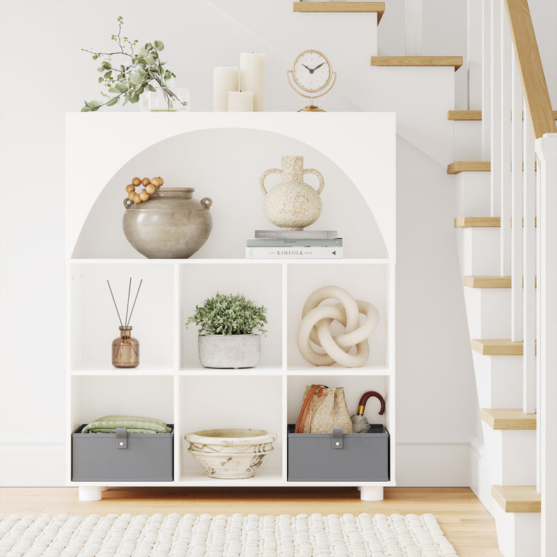 RiverRidge Arched 35" 6 Cubby Entryway Shoe Rack Storage Organizer Cabinet with Shelves - White with 2 Gray 5" Fabric Bins