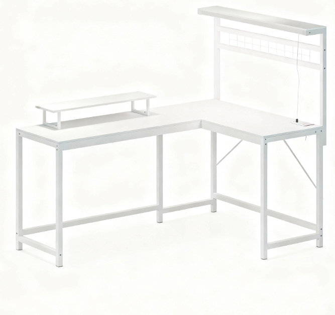 Bureau d'ordinateur, bureau de jeu en L avec prises de courant et lumières à DEL, avec support pour écran et tablette pour unité centrale