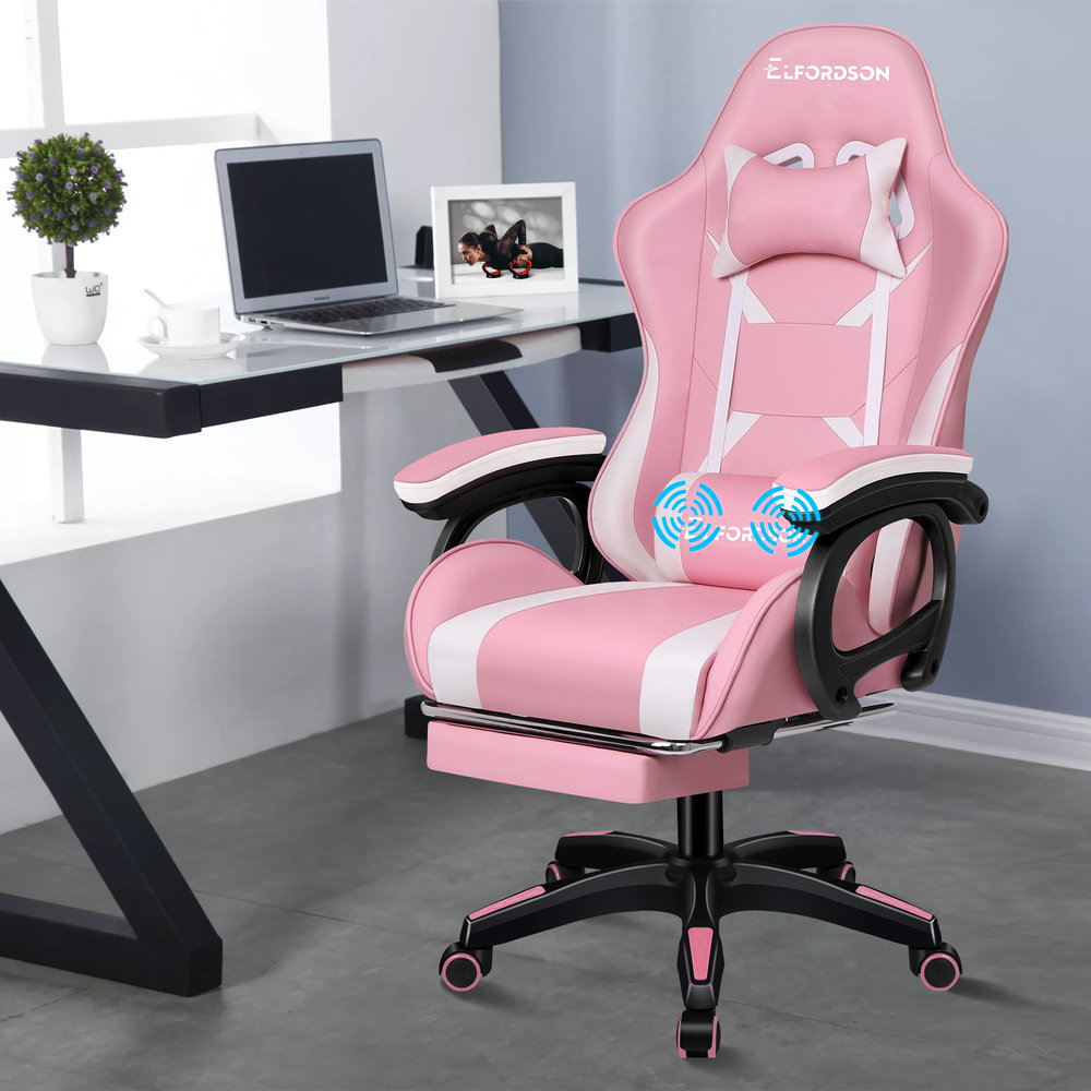 ELFORDSON Adjustable Ergonomic Faux Leather Swiveling PC & Racing Game Chair with Footrest