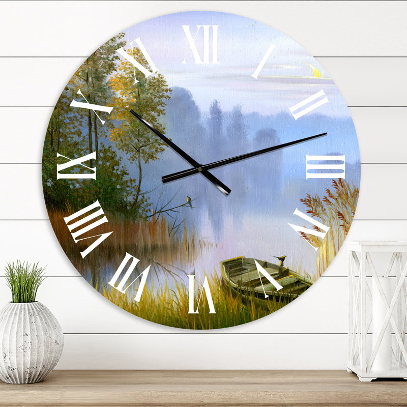 Le bateau sur la berge du lac - Horloge murale traditionnelle, Surdimensionné