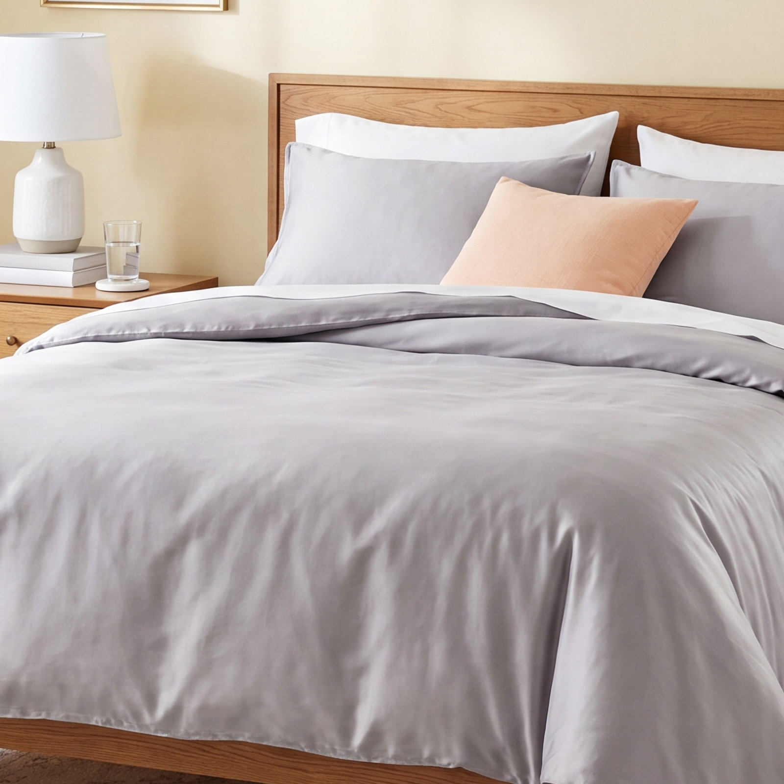Tencel Lyocell Cooling Duvet Cover Set, Light Gray, Queen Duvet Cover + 2 Queen Shams