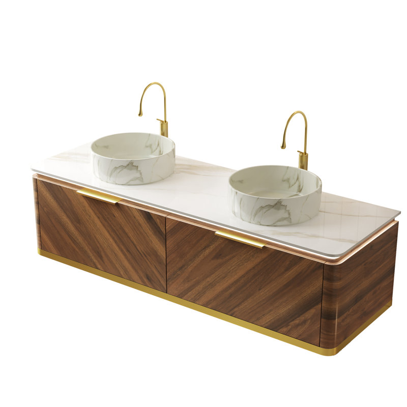 Meuble-lavabo flottant avec tiroirs à fermeture en douceur et vasques en pierre