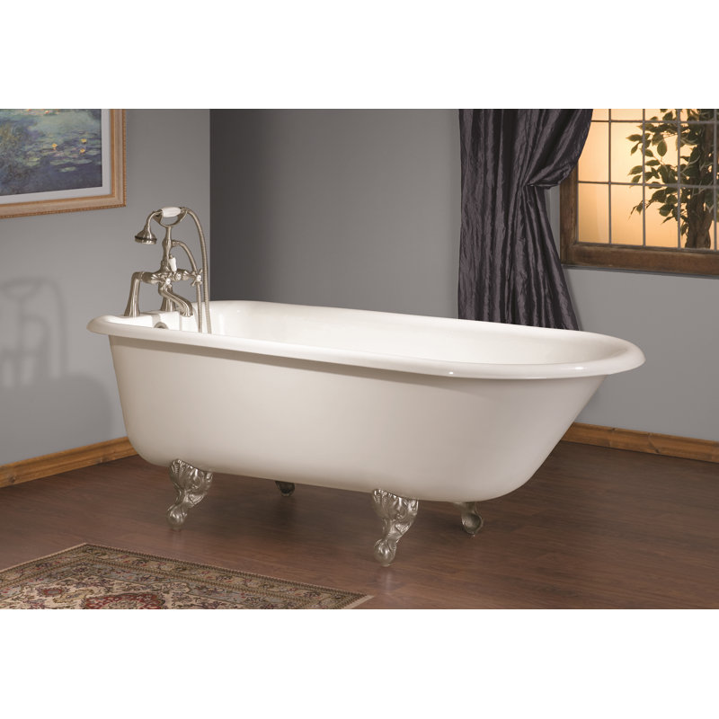 70'' L Freestanding Soaking Bathtub, Polished Nickel, White Interior with White Exterior