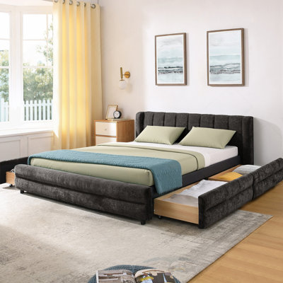 Structure de lit tapissier pour grand lit avec tissu en chenille épais, tête de lit confortable et tiroirs de rangement sous le lit - gris foncé