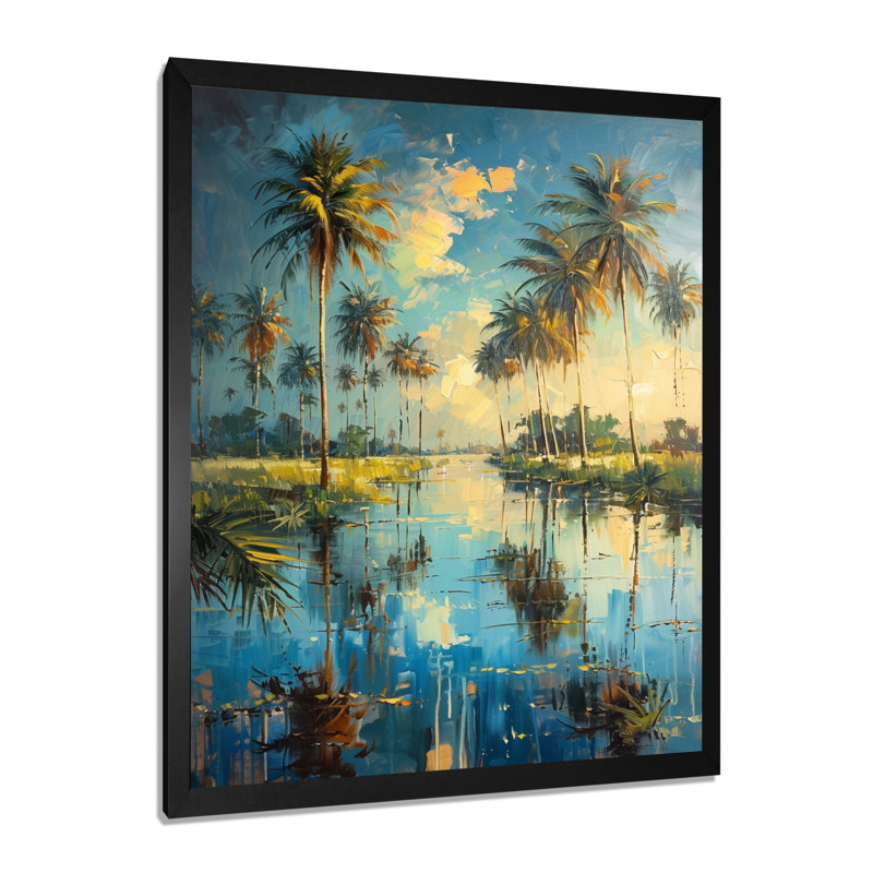 Green Palm Trees Serenity II - palmiers et palmiers, art mural, Cadre simple noir, H 16 po x l 32 po