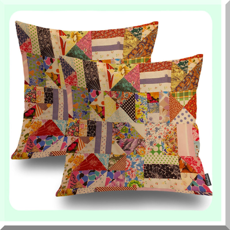 Geometric Patchwork Throw Pillow Set - Retro Decorative Cushion Covers, Square Multi Colored Pattern for Sofa Bedroom Car, Set of 2