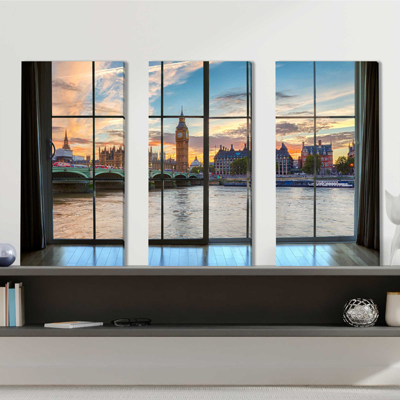 «Westminster and Big Ben in London, England Window», ensemble de 3 reproductions de photos sur toiles tendues