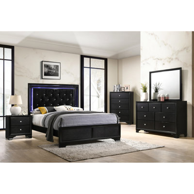 Full Size Led Panel Bed With Upholstered Headboard In Modern Black Faux Diamond And Support Legs