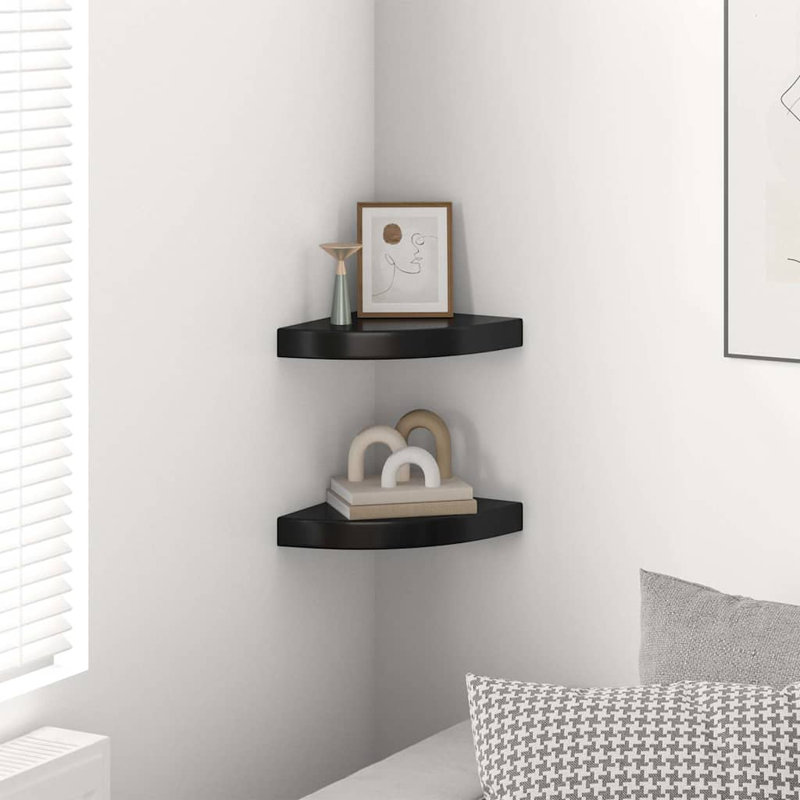 Tablette flottante triangulaire en bois massif 2 pièces Naudiya, H 1,5 po x l 9,8 po x P 9,8 po, Noir lustré