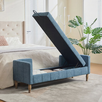 Tufted Chenille Flip-Top Storage Bench with Armrests, Backrest, 2 Bolsters and Rubberwood Legs