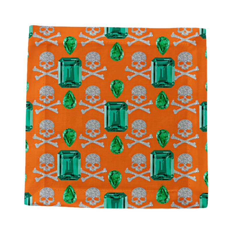 Gem Emeralds Skull Cotton Sateen Cocktail Napkins, Orange