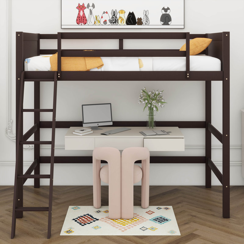 Lit mezzanine simple en bois massif avec échelle d'escalade intégrée, Espresso