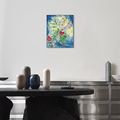 Impression sur toile encadrée, "Amoureux de l'estampe numérique avec un bouquet de fleurs" par Marc Chagall, art mural pour le salon, décorations de bureau à domicile (cadre de couleur bois mince, 12 po x 16 po)