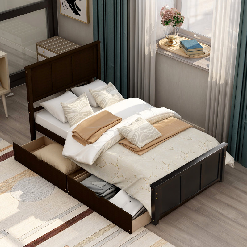 Lit simple moderne avec rangement, structure en bois de pin, design compact espresso pour la maison