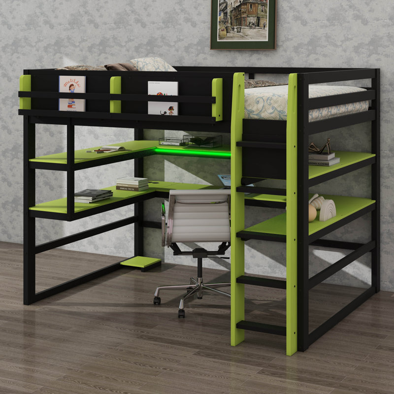 Lit mezzanine en bois avec bureau, support de rangement latéral, plusieurs tablettes et éclairage RVB, Lit double, Vert