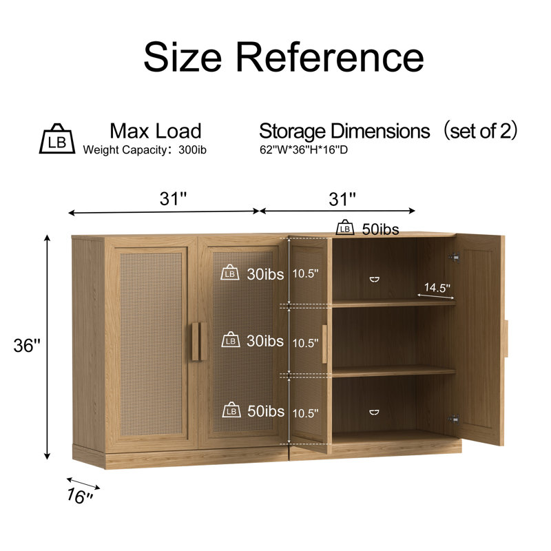 Wood Sideboard Storage Buffet 2 Doors Buffet Cabinet, 36" H x 62" W x 16" D, Natural Color