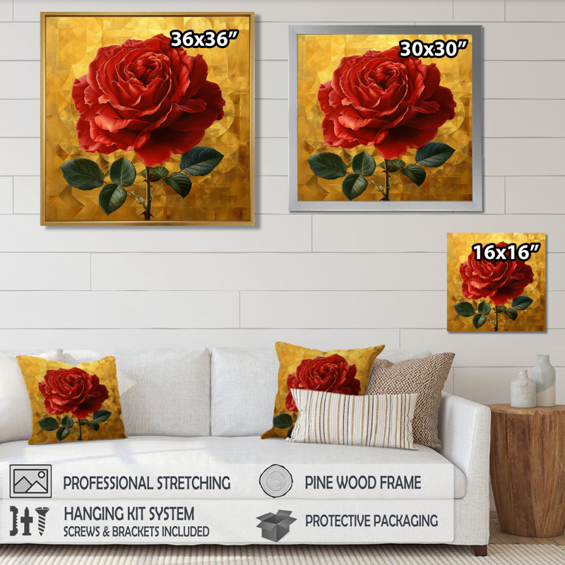 «Red Rose on Vintage Gold - Rose», reproduction d'art murale, Toile avec cadre flottant noir, H 16 po x l 16 po x P 1 po