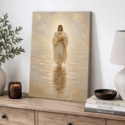«Shepherd tenant un agneau dans une lumière céleste», images de salon, impression sur toile encadrée